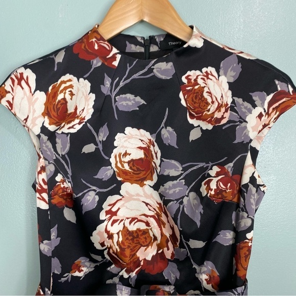 Theory Mod Dress Floral Victoria Belted Shift Mini Work Office Sz 2 - Picture 3 of 12